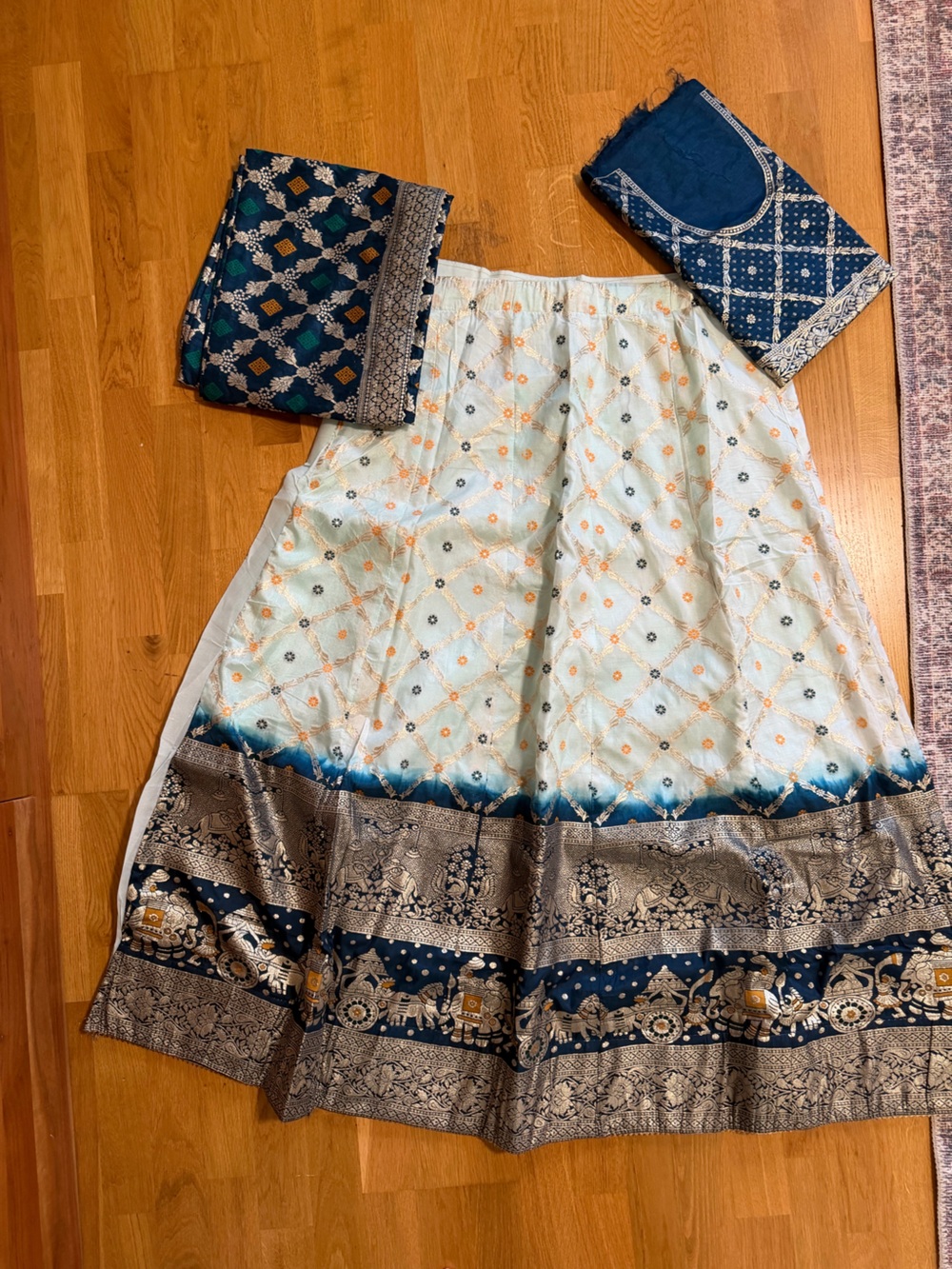 Ivory and Navy Embroidered Lehenga fabric  with Gold Accents